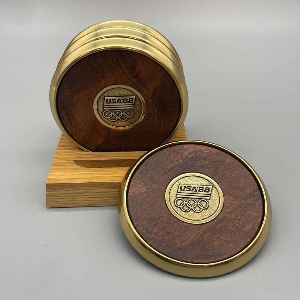 1988 Olympics BTS Group Brass Leather Drink Coasters Set of 4